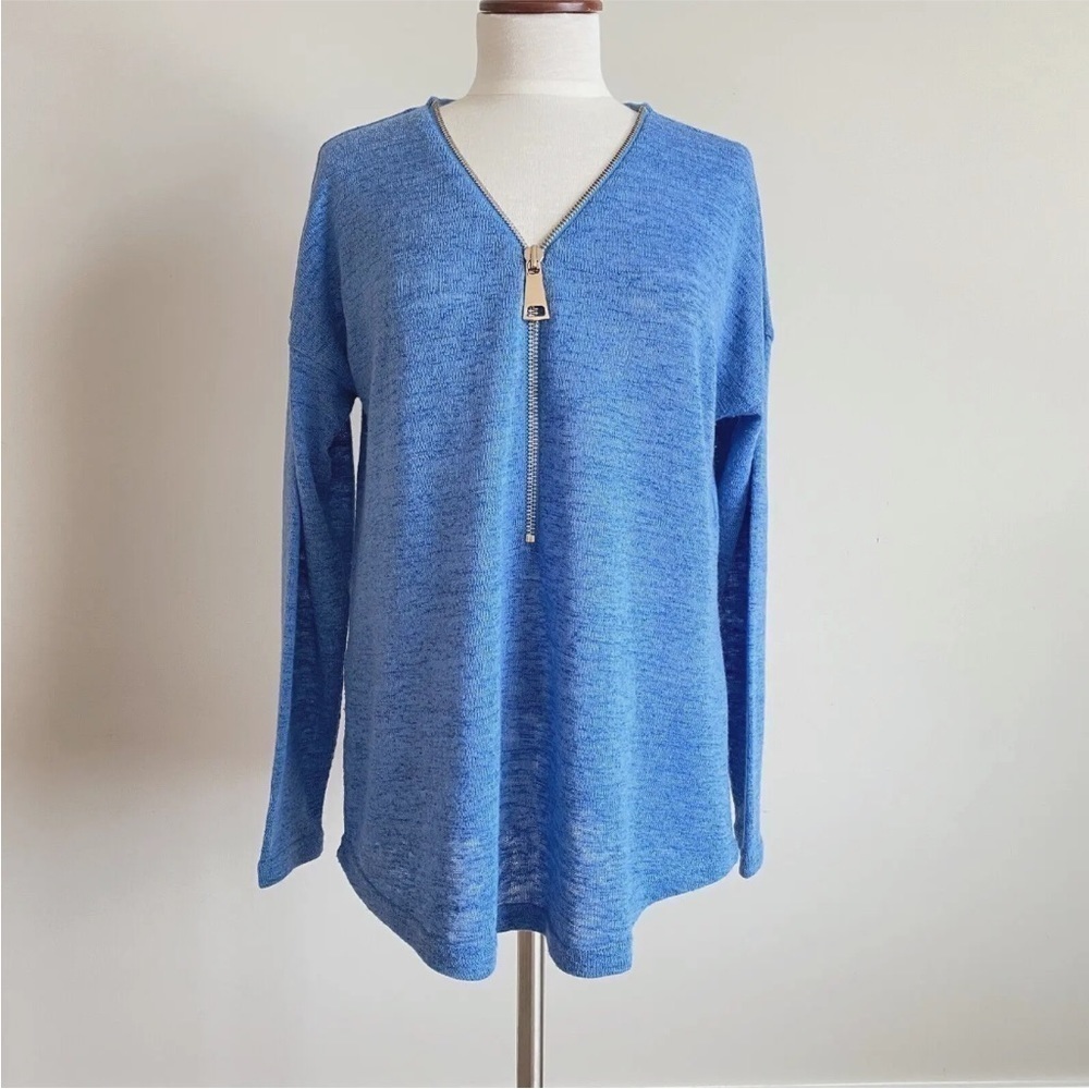 Soft Surroundings Valentina Zip Sweater V-Neck Top Knit Blue Size XL
